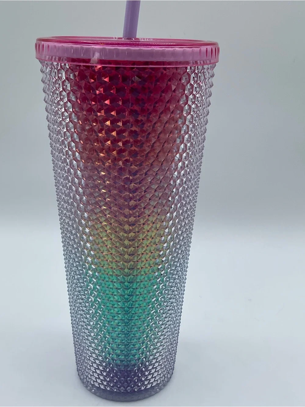 Starbucks 24 oz Jeweled Rainbow Iridescent Tumbler Pink Lid Straw Cold studded